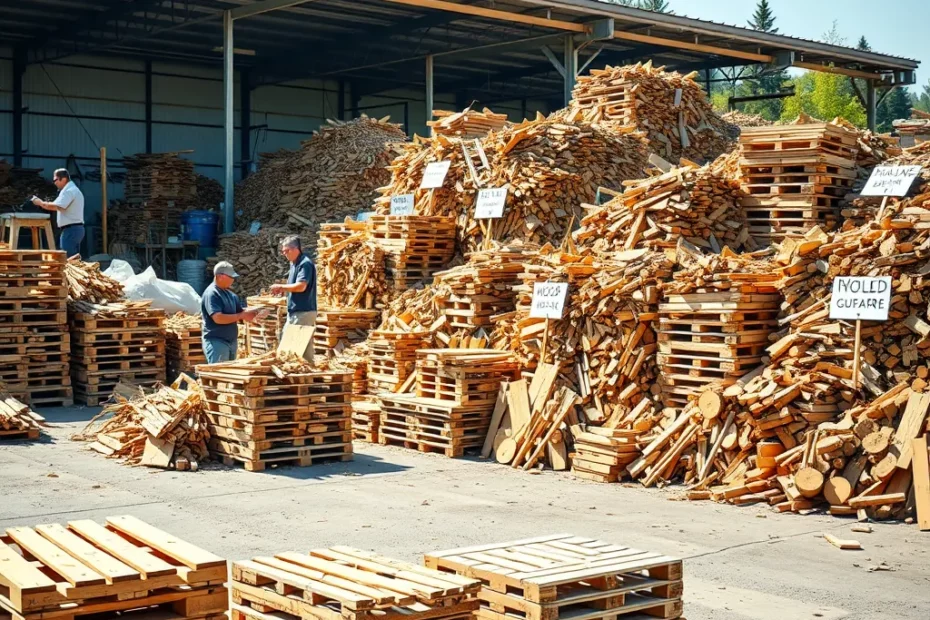 Un centro di riciclaggio ben organizzato con rifiuti di legno, tra cui pezzi di legno, pallet, trucioli e segatura, pronti per il recupero e la trasformazione in nuovi prodotti.