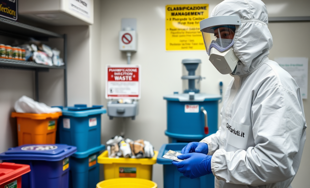 Un operatore sanitario professionale in abbigliamento protettivo sta smistando rifiuti medici in un'area di gestione dei rifiuti, circondato da contenitori colorati etichettati per rifiuti pericolosi e farmaceutici.