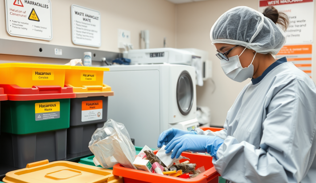 Un operatore sanitario in abbigliamento protettivo azzurro sta smistando rifiuti medici in un'area di gestione dei rifiuti, circondato da contenitori colorati etichettati per rifiuti pericolosi e farmaceutici.