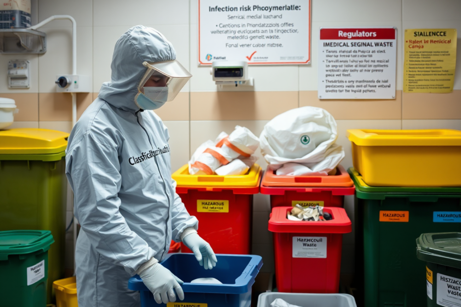 Un operatore sanitario in abbigliamento protettivo sta smistando rifiuti medici in un'area di gestione dei rifiuti, circondato da contenitori colorati etichettati per rifiuti pericolosi e farmaceutici.