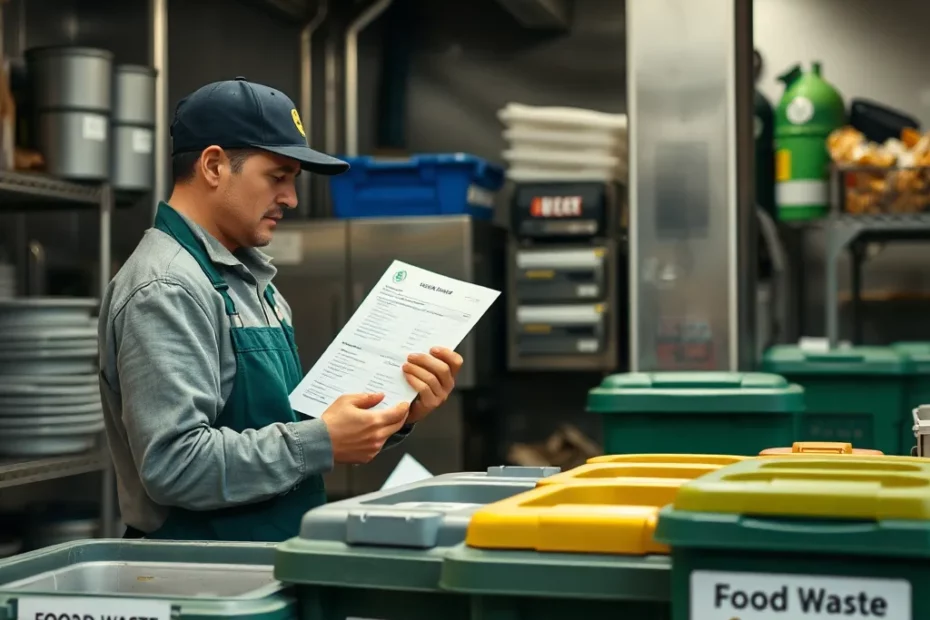 Operatore all'interno di una struttura alimentare, mentre compila un modulo di identificazione rifiuti accanto a un'area dedicata alla separazione e smaltimento dei rifiuti alimentari.