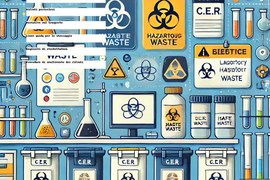 Diagramma informativo sulla gestione dei rifiuti nei laboratori scientifici, suddiviso in quattro sezioni principali: identificazione dei rifiuti, imballaggio ed etichettatura, trasporto e smaltimento