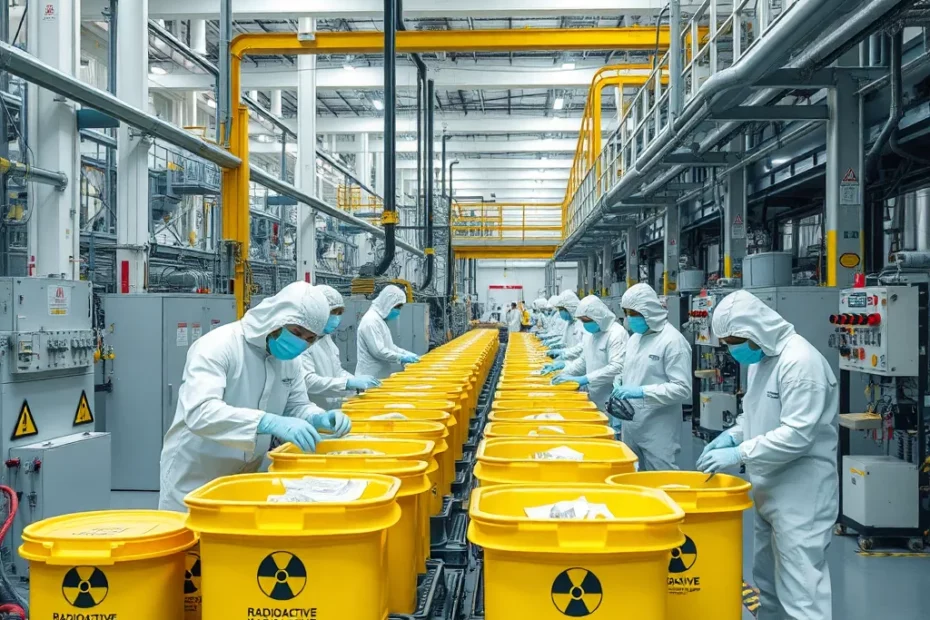 Operai in tuta protettiva gestiscono rifiuti radioattivi in un impianto industriale sicuro, con attrezzature specializzate e misure di sicurezza evidenti.