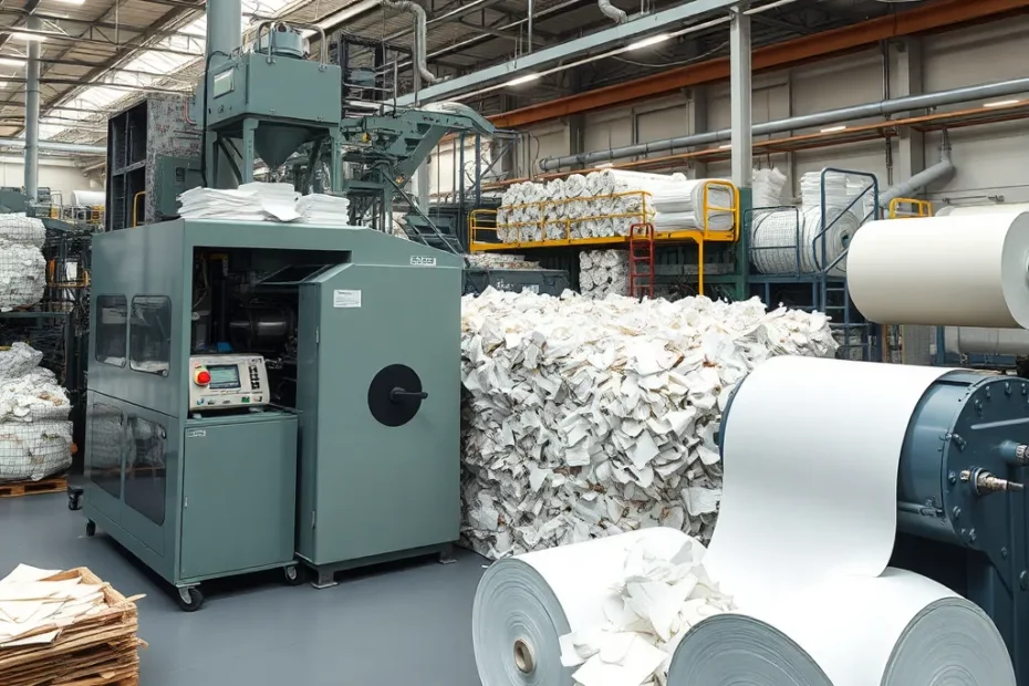 Impianto industriale di riciclo della carta in funzione, con macchinari che separano, puliscono e trasformano i rifiuti di carta in nuovi materiali.