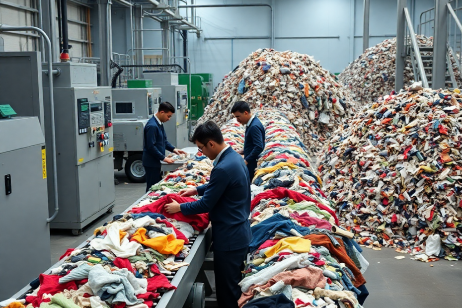Lavoratori in uniforme ordinano ritagli di tessuto su un nastro trasportatore in una moderna struttura di riciclaggio.