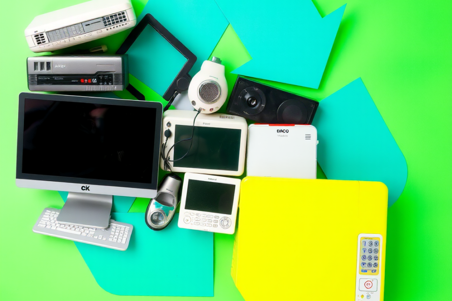 dispositivi elettronici usati, inclusi computer, laptop e piccoli elettrodomestici, disposti su uno sfondo con il simbolo del riciclo