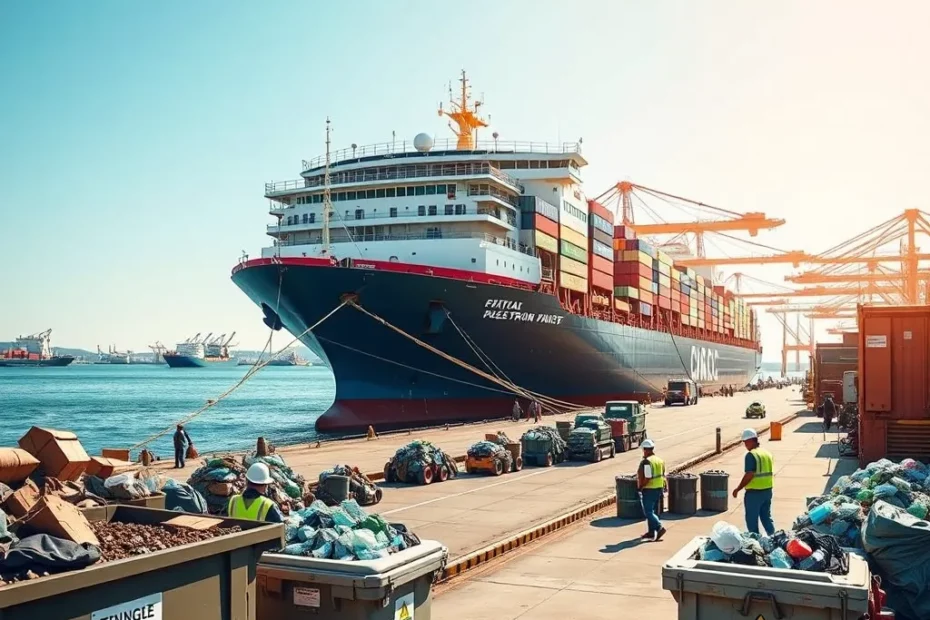 Immagine di un porto con una nave commerciale ormeggiata, mentre operai gestiscono rifiuti portuali in contenitori e impianti dedicati
